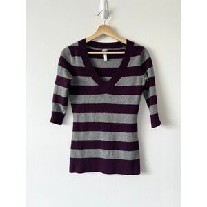 Aqua Vintage Cashmere Striped‎ V-Neck Sweater 3/4 Sleeves Purple Gray size small